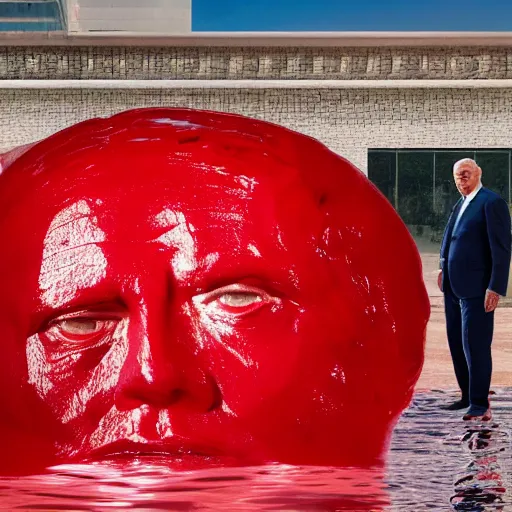 Image similar to a giant benjamin netanyahu sculpture made out of juicy red jelly inside a pool, long shot, hyper detailed, hyper realistic, ray tracing, 8 k resolution, sharp focus, realistic water, award winning