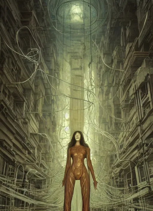 Image similar to Wanda Maximoff, dynamic pose, standing in a h.r. giger city, glowing, wires everywhere, by Edgar Maxence and Ross Tran, Zdzisław Beksiński, and Michael Whelan, distant, gustav dore, H.R. Giger, 8k, octane render