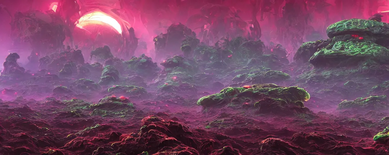 Prompt: ” slimy alien landscape, [ organic, disgusting, cinematic, detailed, epic, widescreen, opening, establishing, mattepainting, photorealistic, realistic textures, octane render, art by slop and paul lehr ] ”