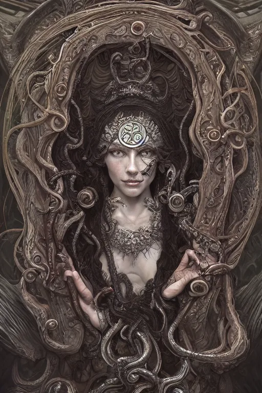 Prompt: a portrait of a anthropomorphic an ancient cthulhu goddess, D&D, fantasy, intricate, highly detailed, digital painting, artstation, concept art, smooth, sharp focus, illustration, art by caravaggio and artgerm and greg rutkowski and alphonse mucha