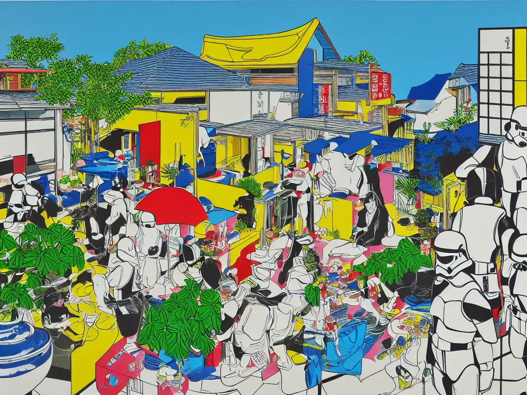 Image similar to hyperrealism composition of the japanese house with a hot springs onsen in the garden, two detailed stormtroopers in hot springs, pop - art style, jacky tsai style, andy warhol style, roy lichtenstein style, acrylic on canvas