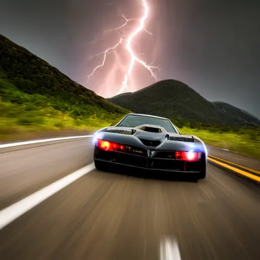 Prompt: zerglings rushing towards black pontiac firebird trans - am driving towards the camera, norway mountains, valley, large lake, dynamic, cinematic, motionblur, volumetric lighting, wide shot, low angle, red glow in sky, large lightning storm, thunder storm