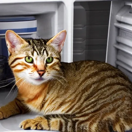 Image similar to tabby cat sits inside a fridge realistic