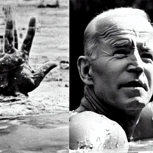 Prompt: film still, close up, joe biden rising out of muddy vietnam river, face covered in mud, low camera angle at water level, film still from apocalypse now ( 1 9 7 9 ), 2 6 mm,