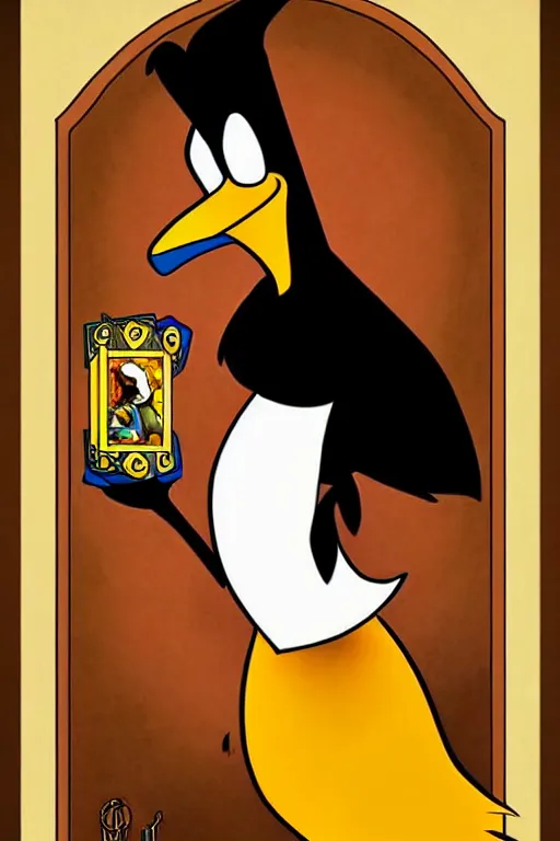 Image similar to epic professional digital art of'fool tarot card with daffy duck ', painted, stunning, artistic, art nouveau, impressive, best on artstation, cgsociety, much wow, masterpiece