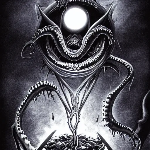 Image similar to lovecraftian biomechanical dark stygian vortex with screaming souls, evil eclipse, black sun by paolo girardi