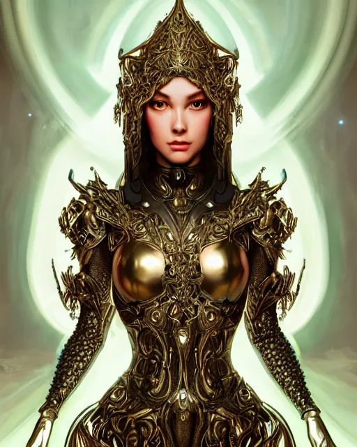 Image similar to a beautiful woman wearing shiny plastic armor inside an ornate bottle of iridescent liquid, alchemy, intricate, bloom, detailed, volumetric lighting, sharp focus, photorealism, digital painting, highly detailed, concept art, by by artgerm and wlop