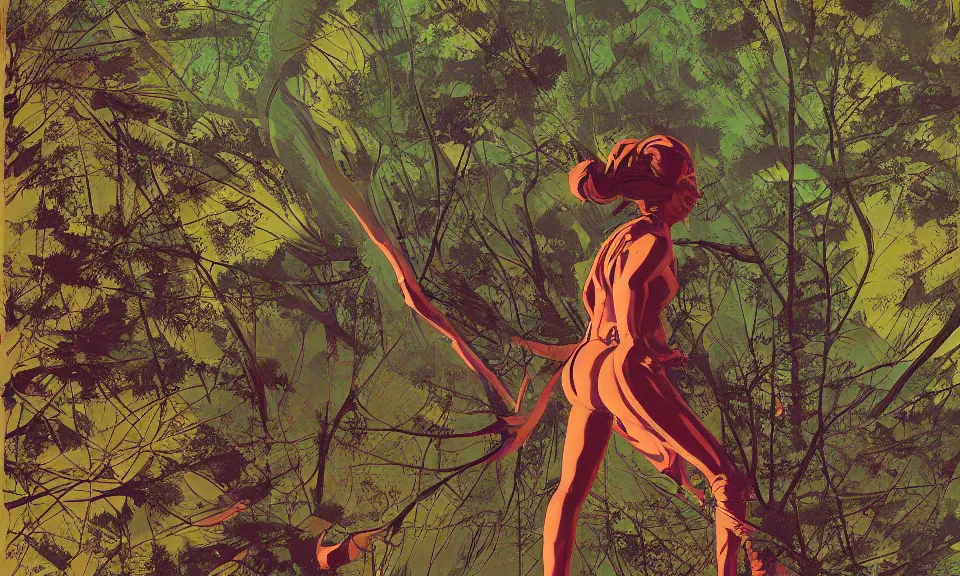 Prompt: digital art, birds eye view, massive woman sculpture a beautiful massive female statue coming out of the forest canopy at night, by syd mead, syd mead color scheme, sci - fi, arik roper, kirby krackle, concept art