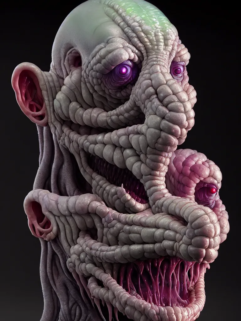 Image similar to hyperrealistic rendering, fat smooth cronenberg flesh monster transparent grey alien by donato giancola and greg rutkowski and wayne barlow and zdzisław beksinski, product photography, action figure, sofubi, studio lighting, colored gels, colored background