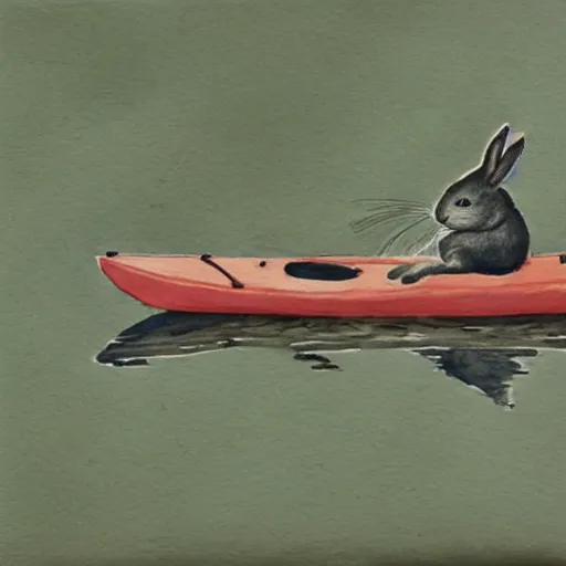 Image similar to a rabbit paddling a kayak on a small stream, watercolour realism