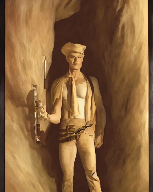 Image similar to doc savage in an egyptian tomb wearing jodhpers and knee high boots and no hat, fantasy character portrait, ultra realistic, concept art, intricate details, highly detailed by soft light, volumetric light, misty, william adolphe bouguereau, munch, maxfield parrish, james bama, and frank frazetta