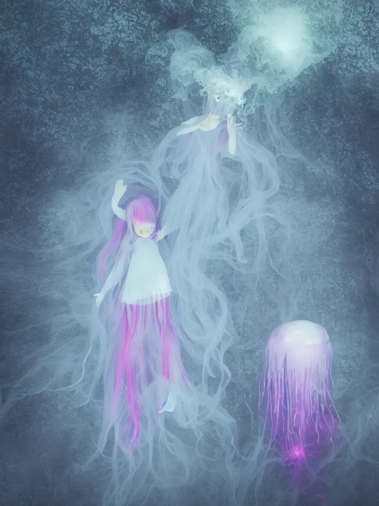 Prompt: cute fumo plush smiling ectoplasmic gothic jellyfish ghost girl waving in deep fog over mysterious waters, reflective river bank in the midst of a forgotten forest, glowing pink wisps of hazy green smoke and eerie blue volumetric fog swirling about, moonlight, glowing lens flare, black and white, refraction, vray