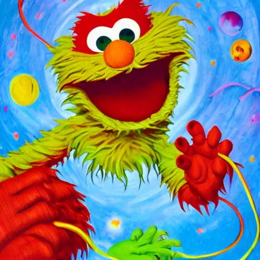 Image similar to painting of a twisting, looping, abomination of a creature, space demon Elmo from the Sesame Street dimension, high quality, 4k, featured on ArtSpace