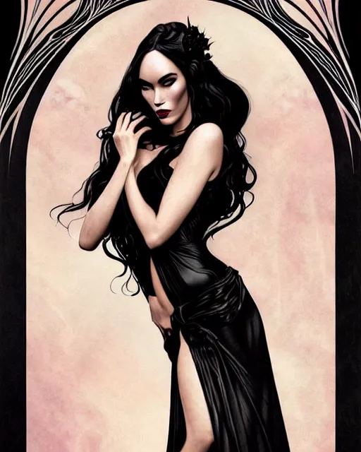 Image similar to new art nouveau portrait of fantasy succubus megan fox wearing a black gown in the style of anna dittmann, patrick nagle, charlie bowater and loish. long windblown hair, very large, clear, expressive, and intelligent eyes. symmetrical, centered, ultrasharp focus, dramatic lighting, photorealistic digital matte painting, intricate ultra detailed background.