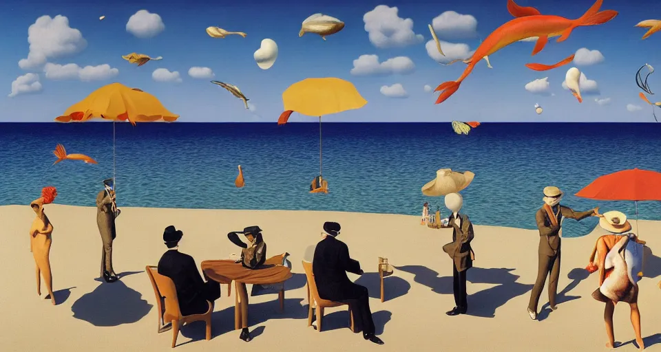 Prompt: a surreal painting by rene magritte, salvador dali, diego koi, titled'holiday at the beach ', all the people are wearing suits, photorealistic, octane render 8 k