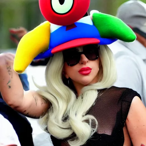 Image similar to lady gaga wearing a super mario hat