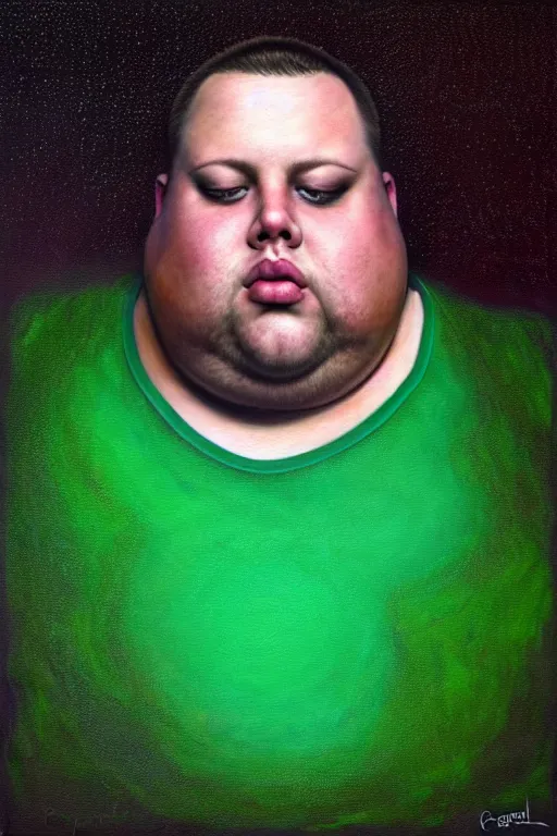 Image similar to hyperrealistic mixed media painting of an overweight man, full body, in a green park, stunning 3d render inspired art by P. Craig Russell and Barry Windsor-Smith + perfect facial symmetry + dim volumetric lighting, 8k octane beautifully detailed render, post-processing, extremely hyperdetailed, intricate, epic composition, grim yet sparkling atmosphere, cinematic lighting + masterpiece, trending on artstation, very very detailed, masterpiece, stunning