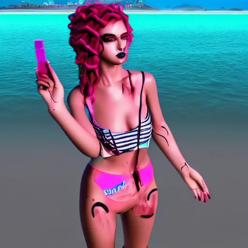 Prompt: fullbody vaporwave art of a fashionable zombie girl at a beach, early 90s cg, 3d render, 80s outrun, by carpenter brut