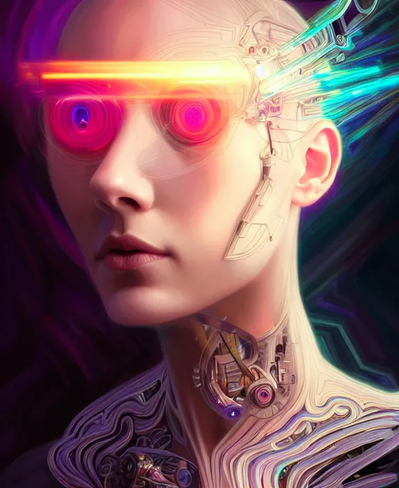 Image similar to a whirlwind of souls rushing inside the metaverse, hologram, half body, neurochip, shaved temple, piercing, jewelry, android, cyborg, cyberpunk face, by loish, d & d, fantasy, intricate, elegant, highly detailed, colorful, digital painting, artstation, concept art, art by artgerm and greg rutkowski and alphonse mucha