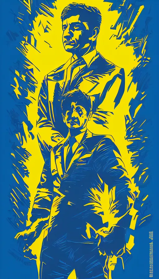 Image similar to zelensky portrait with blue and yellow background by dan mumford, josan gonzalez