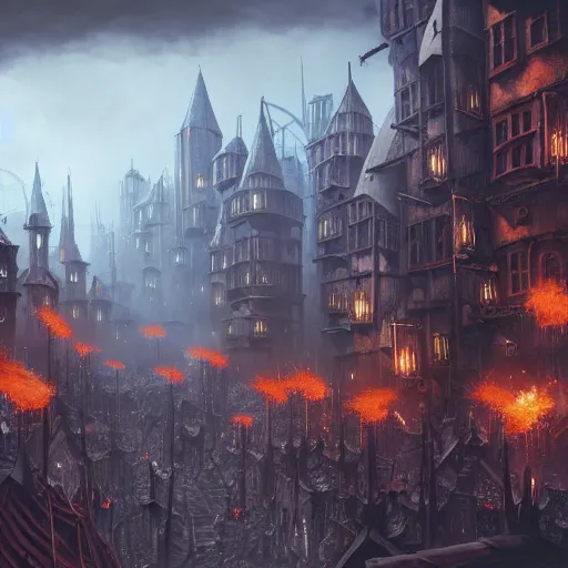 Prompt: dystopic medieval fantasy city, crowded streets, warhammer fantasy, rats, matte painting style, orthographic