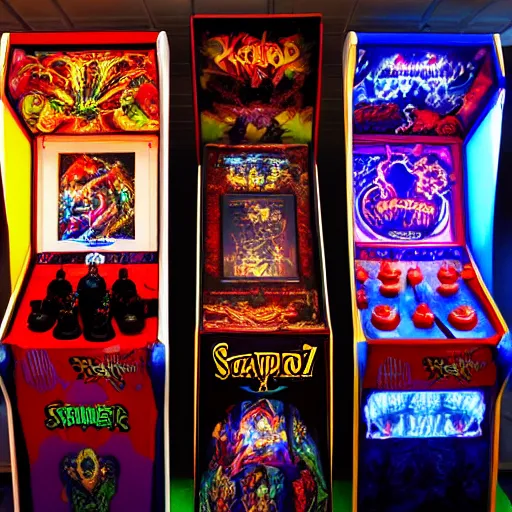 Prompt: satanic arcade filled with demonic arcade cabinets by spider zero, benoit b. mandelbrot, jeff koons, chihuly, trending on artstation # chihuly