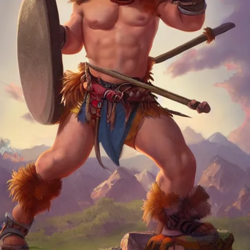 Image similar to a portrait of a cartoon character that has been brought to the real world, a a barbarian with a kind heart, the setting is a normal suburban backyard by Huang Guangjian and Gil Elvgren and Sachin Teng, 8k,