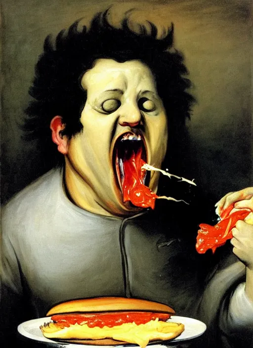 Image similar to painting by franciso goya of guy fieri eating a greasy juicy burger dripping with cheese in the style of 'saturn devouring his son' wide eyes, piercing scary, wide mouth, thick brush strokes, dark, disturbing, hd, visible texture