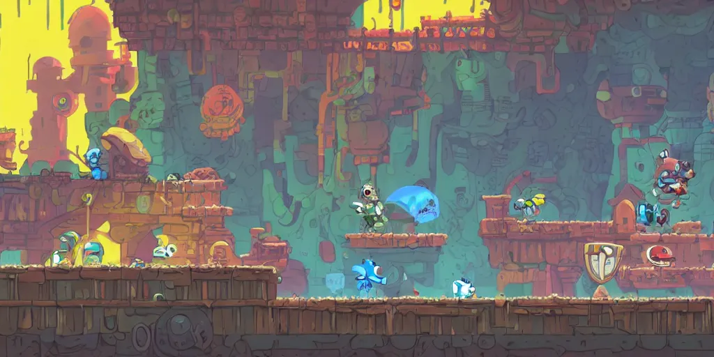 Image similar to Scenario without characters, empty scenario, art by Tomba, ori and the blind, Dead cells ,Hollow knight ,wonder boy , Megaman, Blasphemous , Portraiting a platform game showing an old industry, subject in the center, subject on the center screen, inside iron and machines, side scrolling, Rule of Thirds, 4K, Retrofuturism, Studio Ghibli, Simon Stålenhag