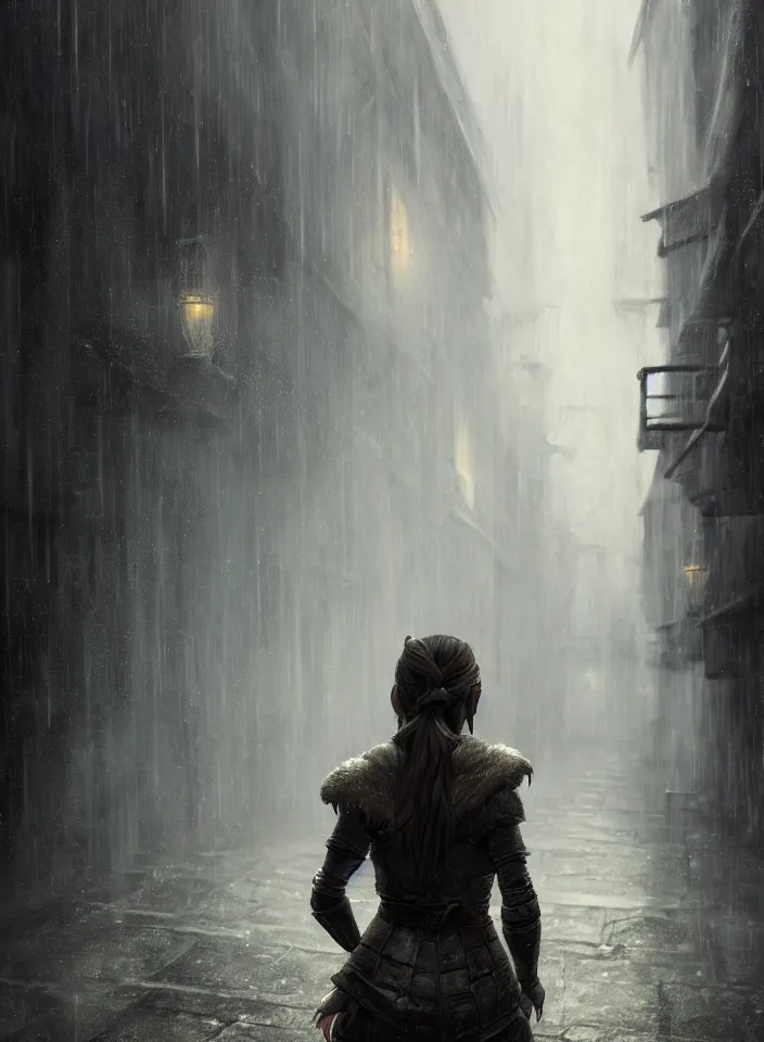 Image similar to a closeup portrait of an young girl from skyrim standing in an alleyway whilst raining, fantasy setting, city environment, serene colors, soft lighting, atmospheric, cinematic, moody, in the style of diego koi, gina heyer, luiz escanuela, art by alyssa monk, depth, hyperrealism, rule of thirds, golden ratio, oil on canvas, 8 k