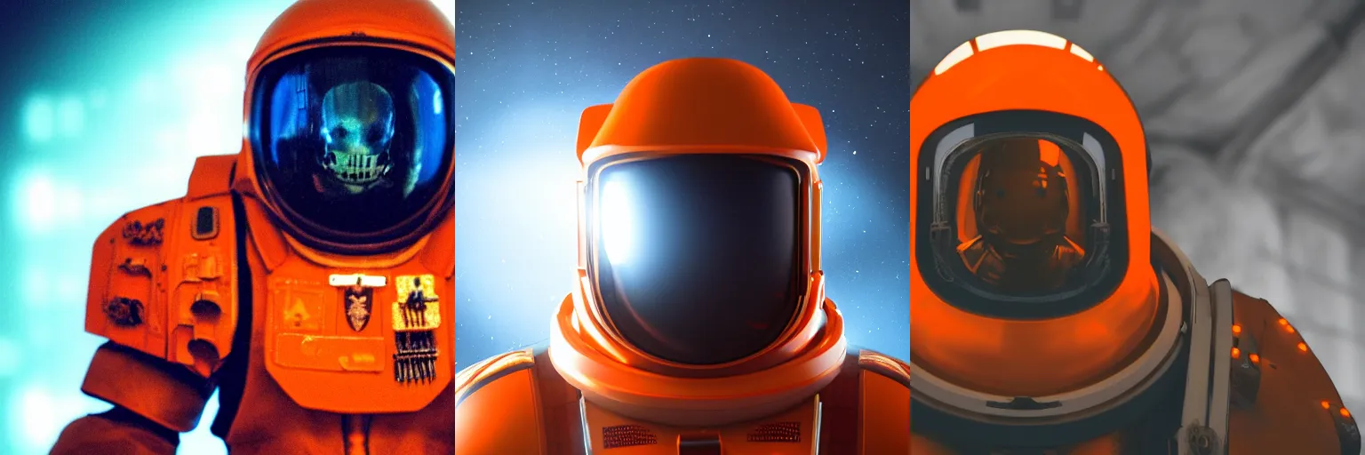 Prompt: spacemarine spacehelmet, dark armor, glowing neon orange details, full body, dark space background, clear lines, cinematic lighting, 4k, hyperrealistic, god rays, high details, unreal engine 5, cinematic