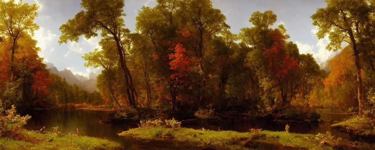 Image similar to beautiful forest scenery, distant mountains, river flowing through the verdant underbrush, distant clouds, cloud shadow, late autumn, painting by albert bierstadt and thomas cole