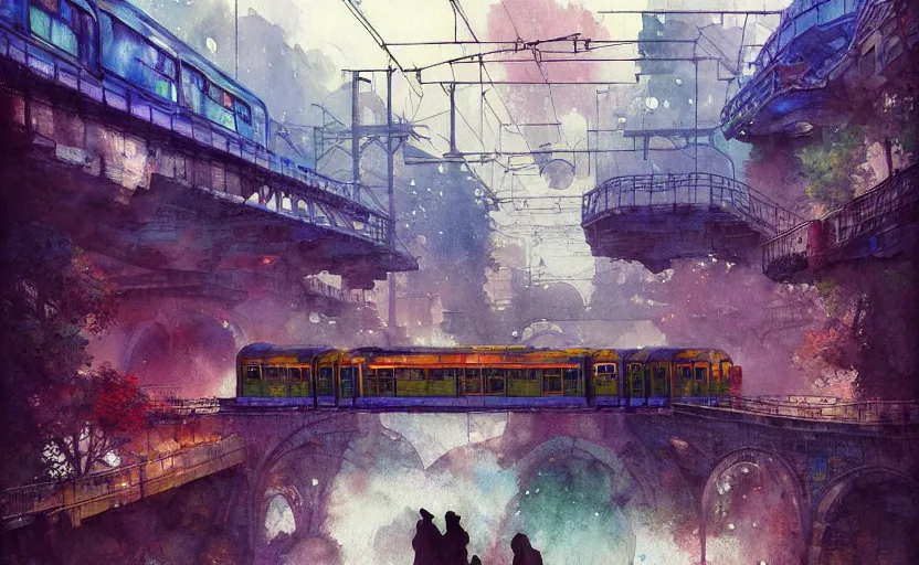 Image similar to an urban train rides inside of a waterway on a fantasy city. intricate, amazing composition, colorful watercolor, by ruan jia, by maxfield parrish, by marc simonetti, by hikari shimoda, by robert hubert, by zhang kechun, illustration, gloomy