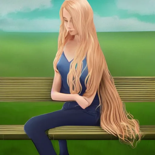 Prompt: an illustration of a young woman with long blond hair sitting on a green bench with her head in her hands, digital art, artstation