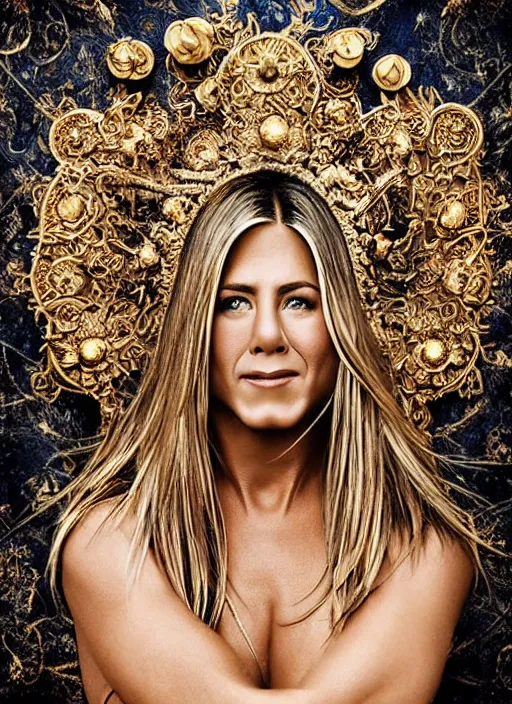 Image similar to a portrait of jennifer aniston by stefan geselle and nekro borja, photorealistic, intricate details, hyper realistic, fantasy, elegant, baroque gold headpiece, photorealistic, canon r 3, photography, wide shot, symmetrical features, symmetrical pose, wide angle shot, head to toe, standing pose, feet on the ground, wearable art