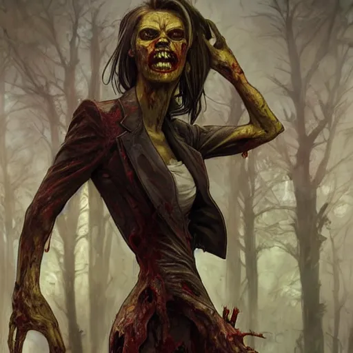 Image similar to a zombie in a business suit, artists portrait, fantasy, highly detailed, digital painting, concept art, sharp focus, depth of field blur, illustration, art by artgerm and greg rutkowski and alphonse mucha