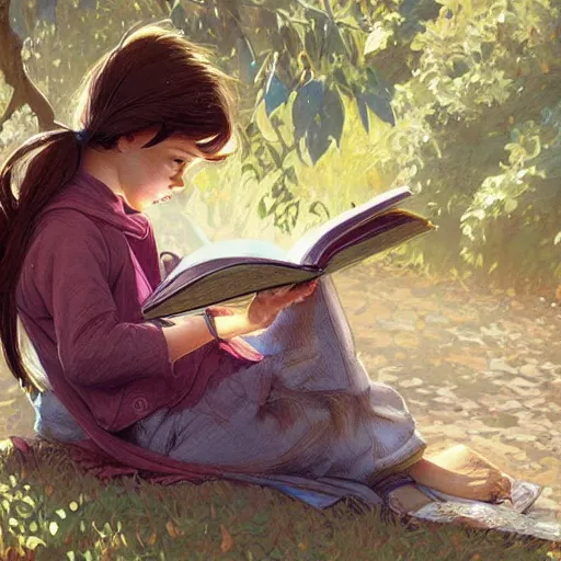 Image similar to Kid reading a book in a park, fall in love with reading, highly detailed, digital painting, artstation, concept art, sharp focus, illustration, art by artgerm and greg rutkowski and alphonse mucha