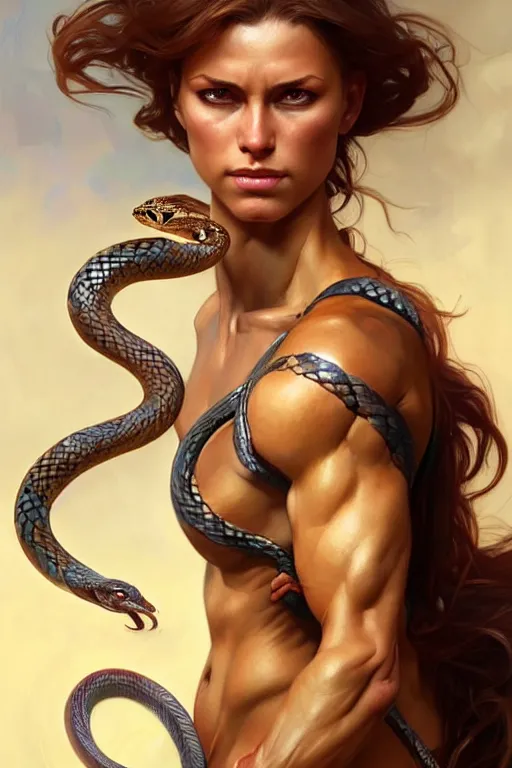 Image similar to Muscular woman fighting with snake, beautiful portrait, fantasy, amber eyes, face, long hair, intricate, elegant, highly detailed, digital painting, artstation, concept art, smooth, sharp focus, illustration, art by artgerm and greg rutkowski and alphonse mucha