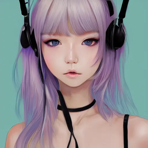 Image similar to realistic detailed semirealism beautiful gorgeous natural cute excited happy Blackpink Lalisa Manoban white hair white cat ears blue eyes, wearing black camisole outfit, headphones, black leather choker artwork drawn full HD 4K high resolution quality artstyle professional artists WLOP, Aztodio, Taejune Kim, Guweiz, Pixiv, Instagram, Artstation