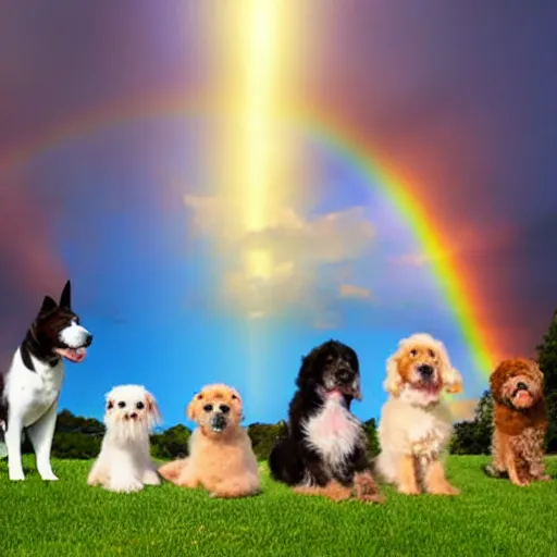 Prompt: a group of pet dogs and cats waiting patiently at the entrance to a glorious and heavenly rainbow bridge with tall heavenly golden gates at the entrance, real photo, detailed