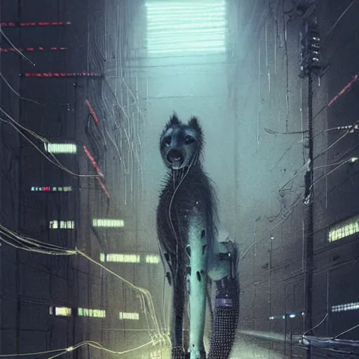 Prompt: cyberpunk dystopian cyborg hyena, wires and glowing lights, beksinski style, realism