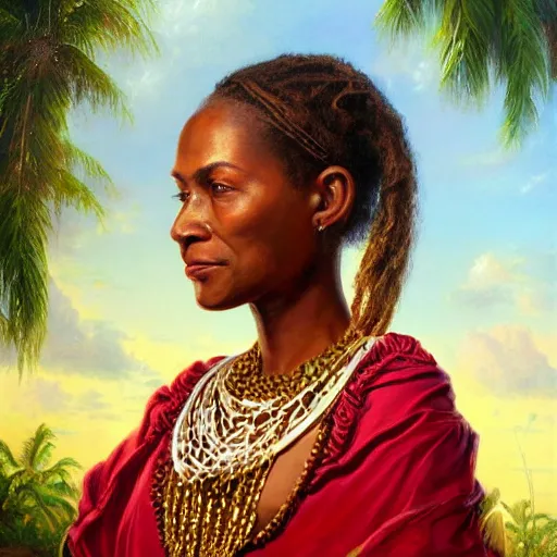 Image similar to portrait of a surinam woman ( 3 5 ) from suriname in 2 0 2 1, an oil painting by ross tran and thomas kincade