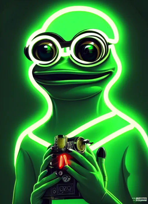 Image similar to portrait of pepe the frog cyber android, intricate, elegant, cyber neon lights, highly detailed, digital painting, cinema 4 d, glamor pose, concept art, smooth, sharp focus, illustration, art by artgerm and greg rutkowski