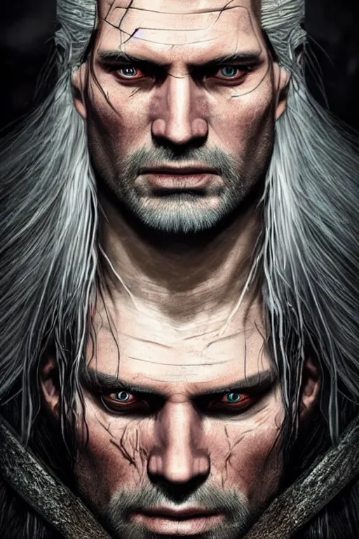 Image similar to the witcher, nikolaj coster - waldau face!!!, masterpiece portrait, white hair, highly detailed face, ultra realistic, concept art, intricate details, highly detailed, photorealistic, octane render, 8 k, unreal engine. horror film still, heavy grain, 3 5 mm, art by artgerm and greg rutkowski and alphonse mucha