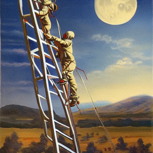 Image similar to a 1500's painting of people climbing a ladder to the moon