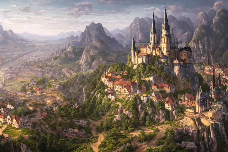 Prompt: an ultra detailed matte landscape painting of an german renaissance capital city built into the side of a mountain with many tall spirally towers, sweeping vista, tiny coastal fishing village very far away, ultrawide lens, aerial photography, 8 k, volumetric lighting, smooth, highly detailed, digital illustration, art by greg rutkowski and akira toriyama and artgerm