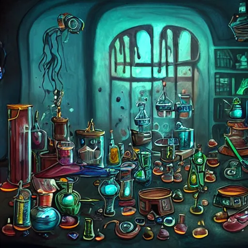 Image similar to dark mysterious scene of these monsters are consumed by fire, yet they remain unharmed. they are surrounded by the tools of the alchemist's trade - beakers and test tubes full of colorful liquids, crystals, and books of ancient knowledge. the scene is suffused with an eerie glow, as if something magical is happening here.