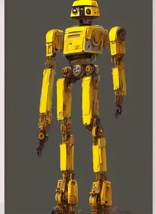 Image similar to tall strong intricate yellow pit droid, pancake head painterly mecha, by Greg Rutkowski
