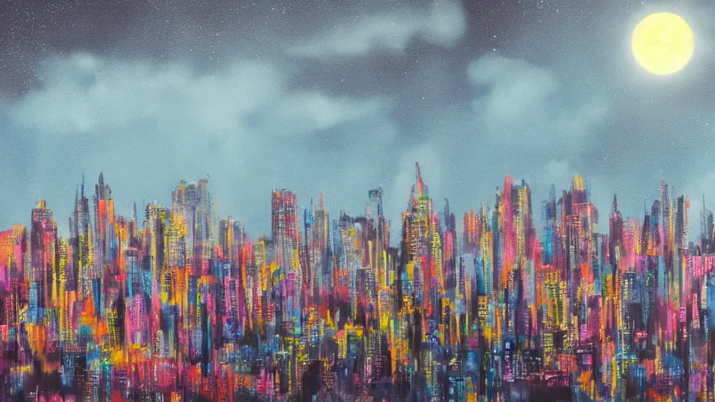 Prompt: a city on the background of a big moon in a Spray paint style