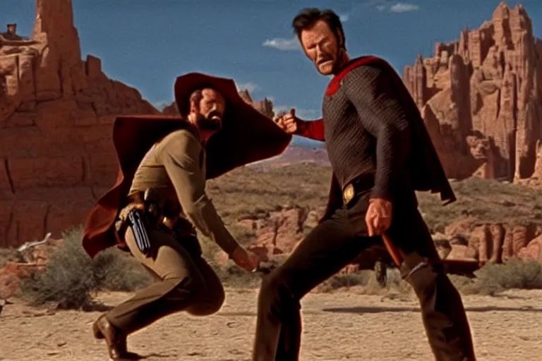 Image similar to clint eastwood as superman in the good the bad and the ugly, western film, hyper - detailed, smooth, sharp focus, 4 k ultra hd